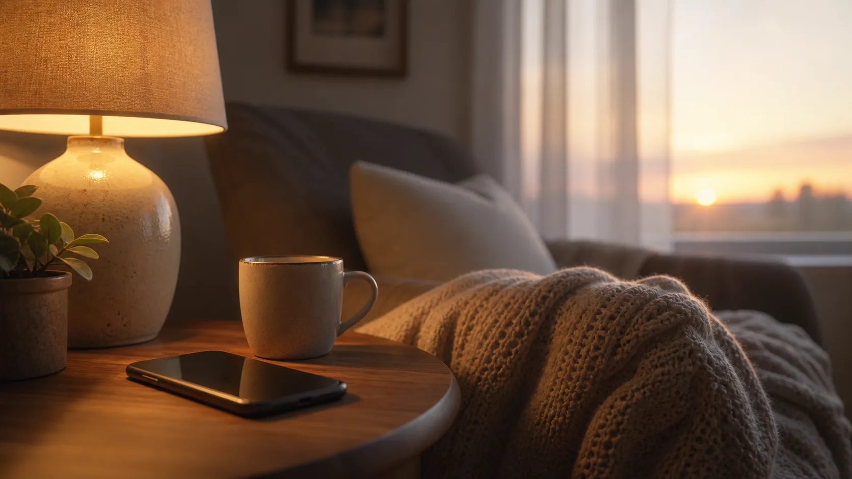 A warm lamp beside a phone in a quiet room at dawn, suggesting immediate help and staying through the night