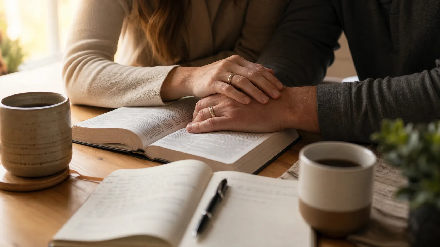 A couple holding hands over an open scripture and journal in warm morning light