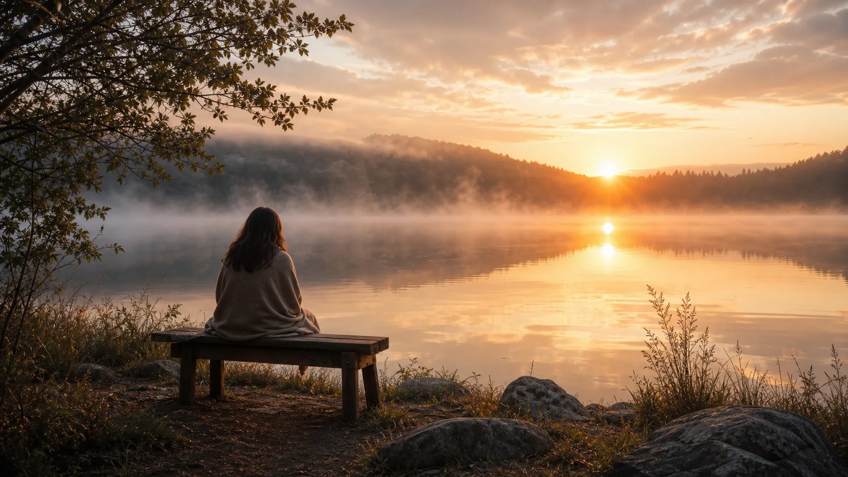 A person sitting quietly beside a misty lake at sunrise, suggesting peace and hope