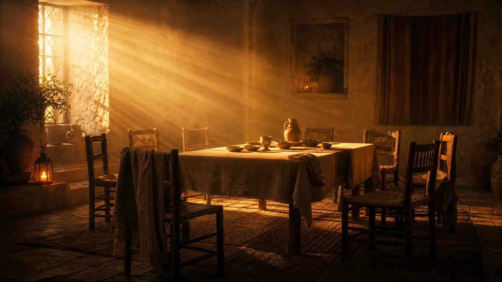 An upper room with empty chairs and warm shafts of light, suggesting Pentecost and the Holy Spirit