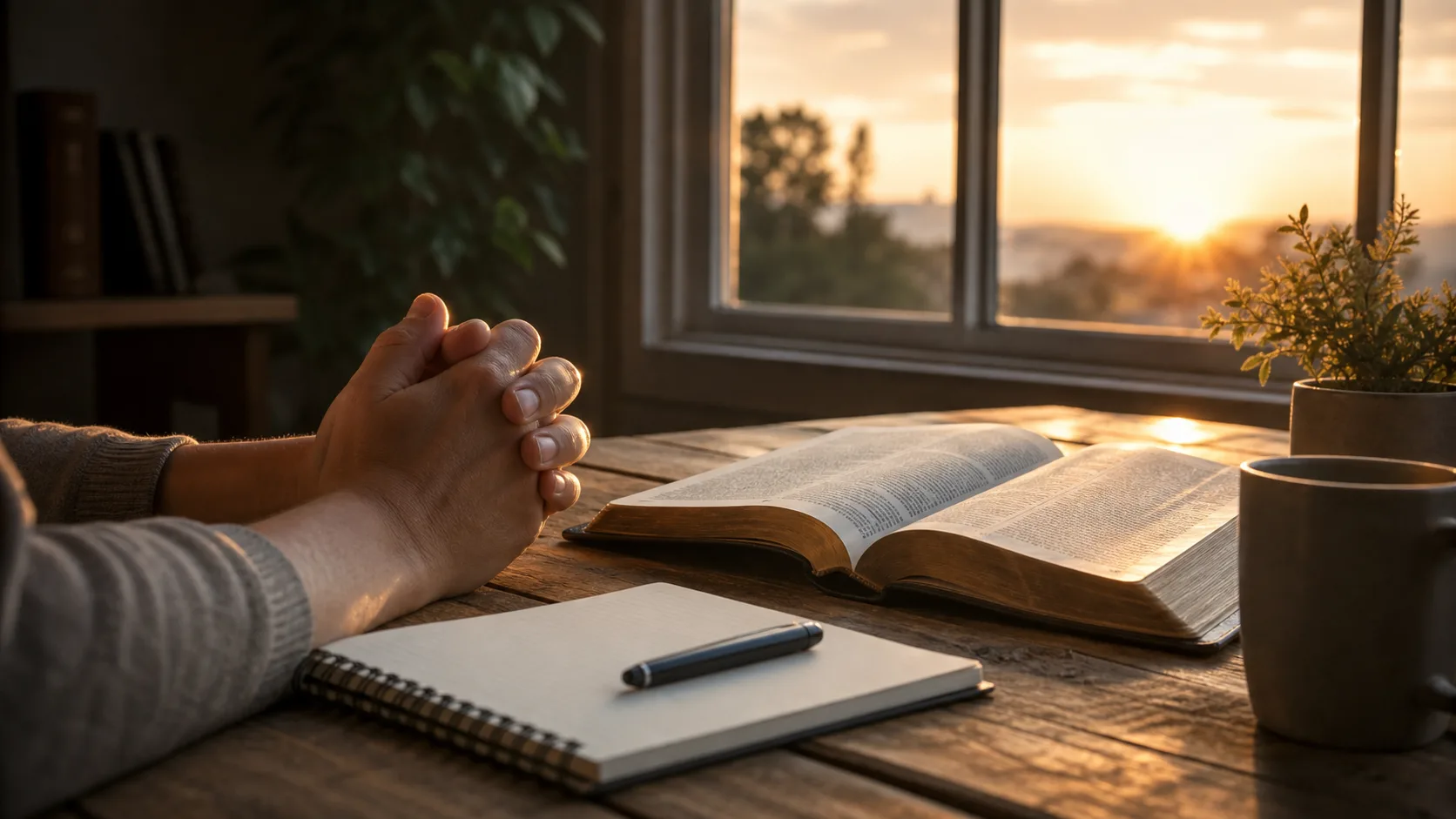 An open Bible and notebook near praying hands in morning light, suggesting scripture and prayer together