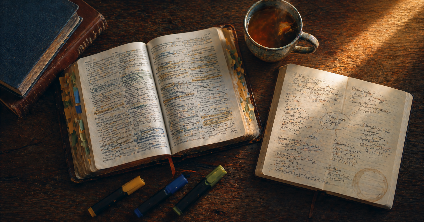 An open scripture page with notes in warm light, suggesting listening for God through scripture
